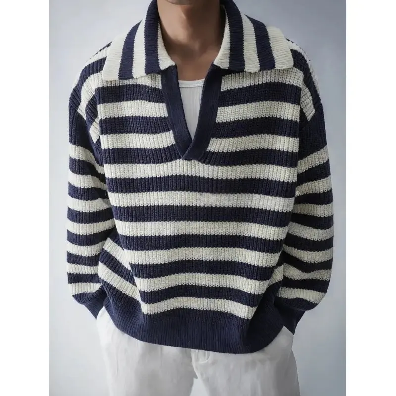 

American Retro Penguin Collar Striped Sweater Men's High-End Feeling Youthful Knitted Sweatirt Loose Casual Top