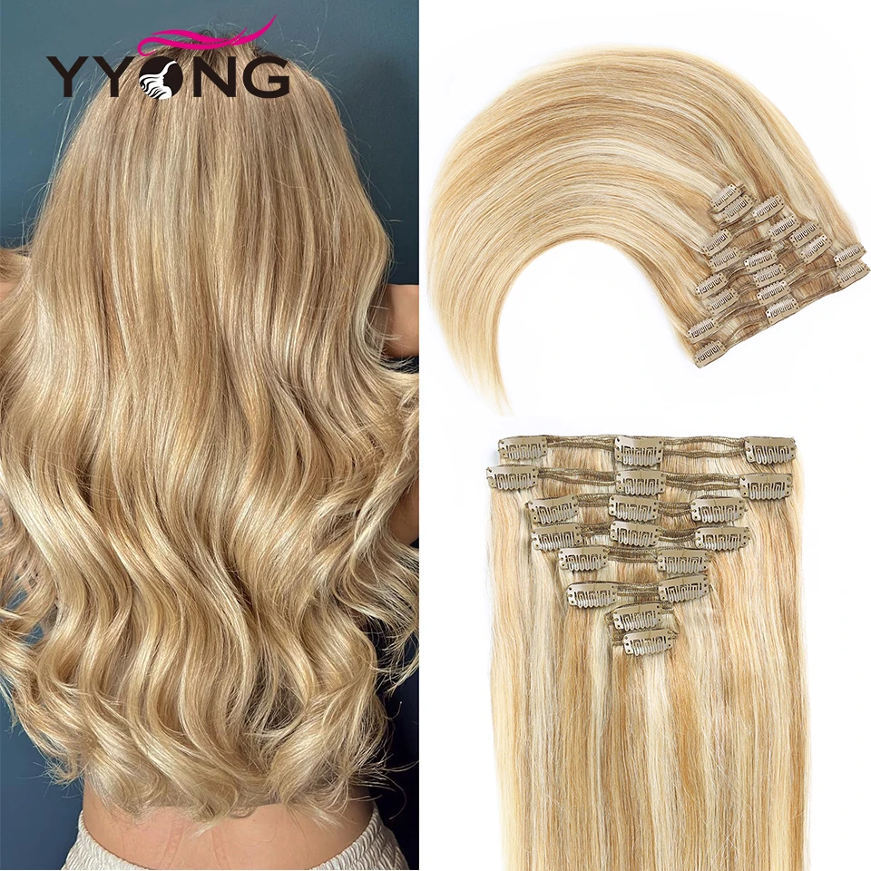 

Straight Clip in Hair Extensions Human Hair Double Weft Full Head Hair Extensions 8pcs 18 Clips Hair 16"-24"For Women #12P613