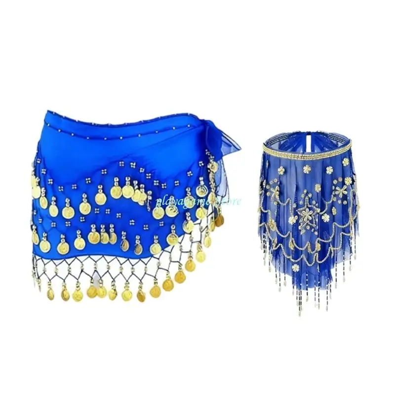Y88A 2 قطعة أزياء الرقص الشرقي الرقص الشرقي وشاح الورك القبلية حجاب الوجه مع الترتر المطرز الراقصة الزي مجموعة للمرأة