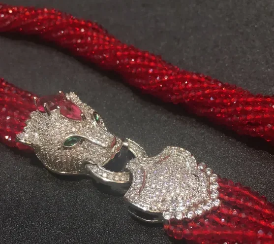 Women's fashion Leopard head clasp DIY accessory red glass crystal necklace welcome custom colors fashion jewelry