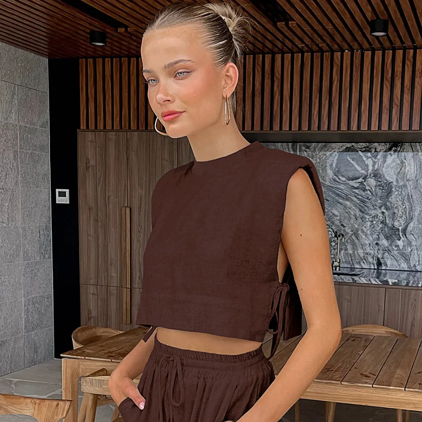 2023 New Padded Shoulder Sleeveless Top and Trousers Two-Piece Set Leisure Fashion Cotton and Linen Suit Women\'s Clothing