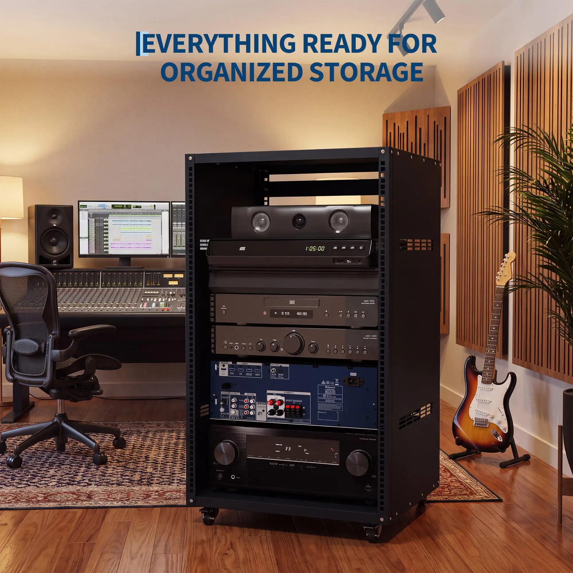 Rolling Removable Side Vented Standard Mount 12U 16U, Open Frame Design, Heavy Duty Steel, Lockable Casters, For Studio Club And Office Use