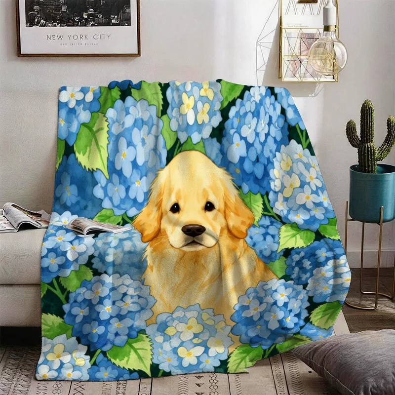 Cute Golden Retriever Puppy Portrait Blue Hydrangea Floral Throw Blanket Cozy Decorative Couch Throw for Dog Lovers Home Decor