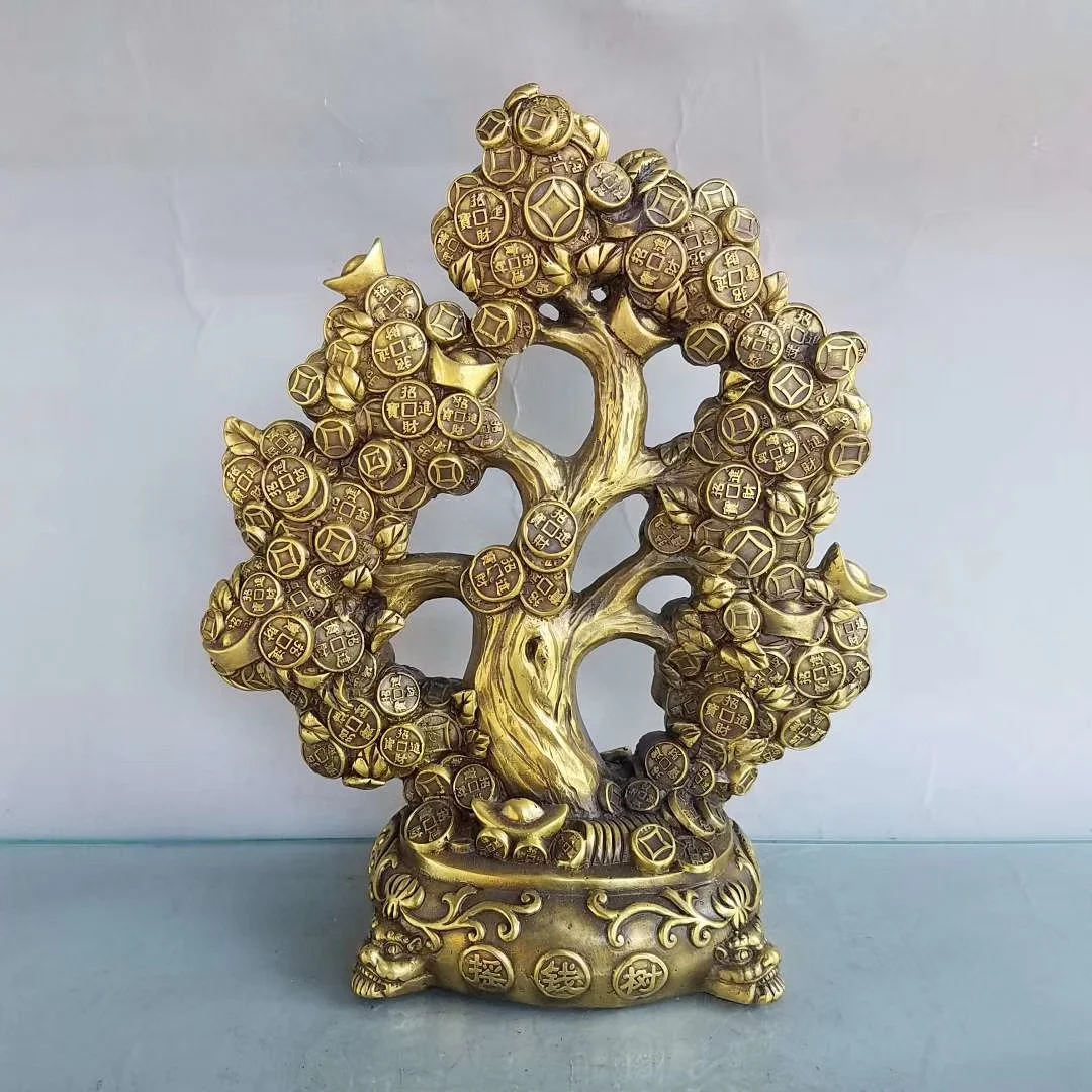 

9"Tibetan Temple Collection Brass Money Tree Fortune Tree Yuanbao Coin Golden toad statue Gather fortune Ornament Town house