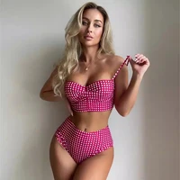 Women Sexy Slim Plaid Two Pieces Swimsuit High Waisted Bikini Swimwear 2024 Bikini Sets Size S-3XL Rose Red/Black/Blue/Sky Blue - Image 3