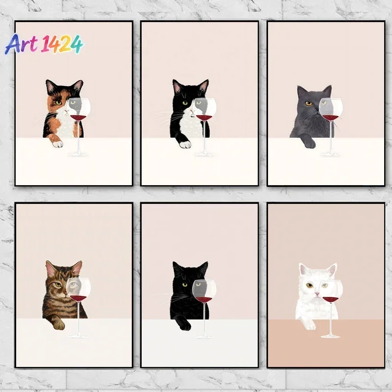 1pc frameless Funny Black White Cats Red Wine Poster and Prints Canvas Painting Cat Lover Wall Art Pictures for Living Room