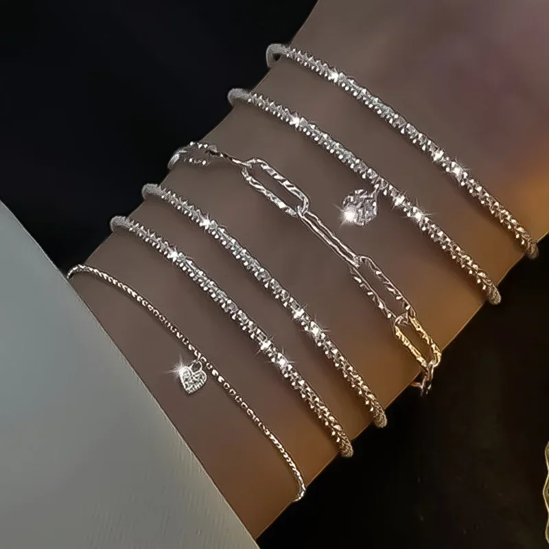6Pcs 925 Sterling Silver For Rhinestone Bracelet for Women Girls Luxury Korean Sparkling Starry For Sky Charm Party Jewellery