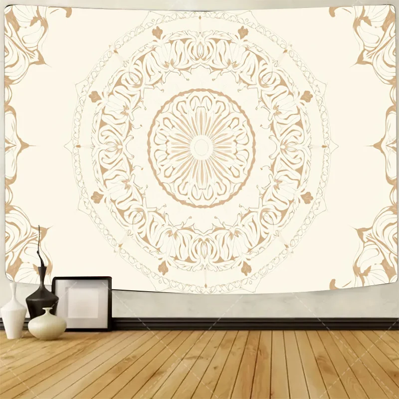 

1 шт. настенный гобелен элегантный гобелен с мандалой для декора гостиной в стиле бохо, кремово-золотой цветочный дизайн
