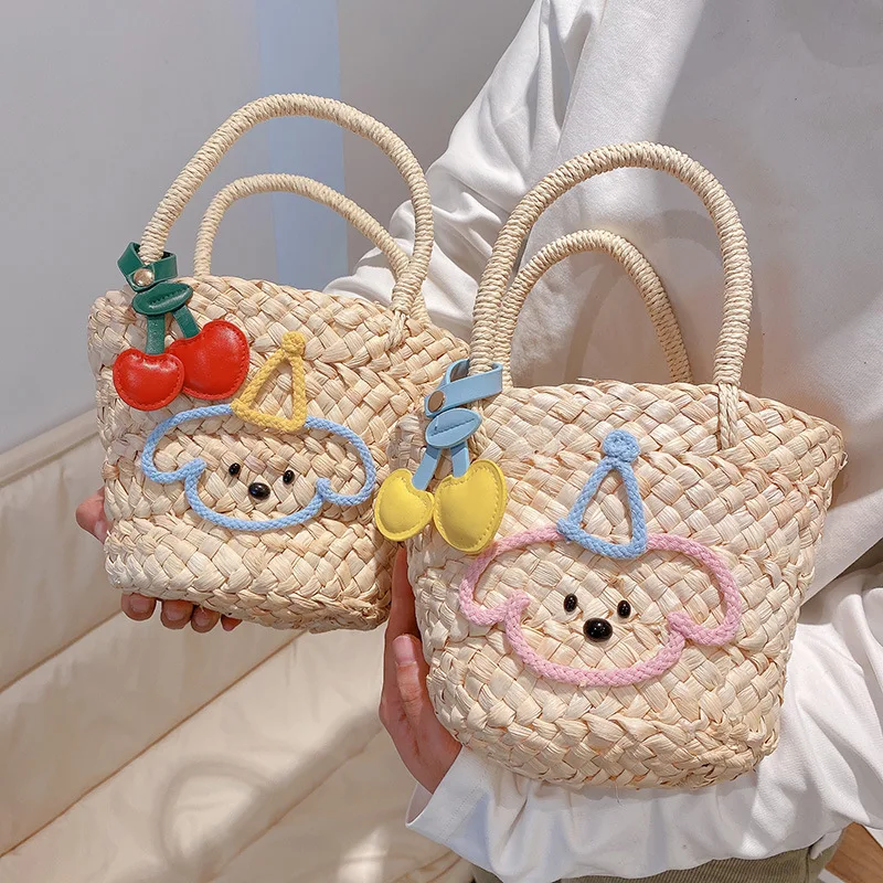 

Crocheted Cartoon Dog Tote Bag | Cute and Girly Crochet Bag | Rustic-Style Vegetable Basket | Cherry Shoulder Bag