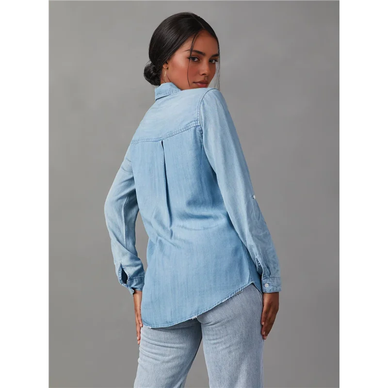 

NEW-Women Double Pockets Spliced Decoration Denim Shirt Jacket Single-Breasted Lapel Casual Female Tops