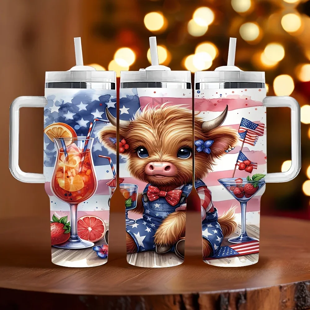 40Oz Insulated Tumbler with Handle, Printed with Patriotic Highland Cow American Flag Pattern, Long-Lasting Temperature Retention, Perfect Holiday Birthday Gift for Daily And Outdoor Use