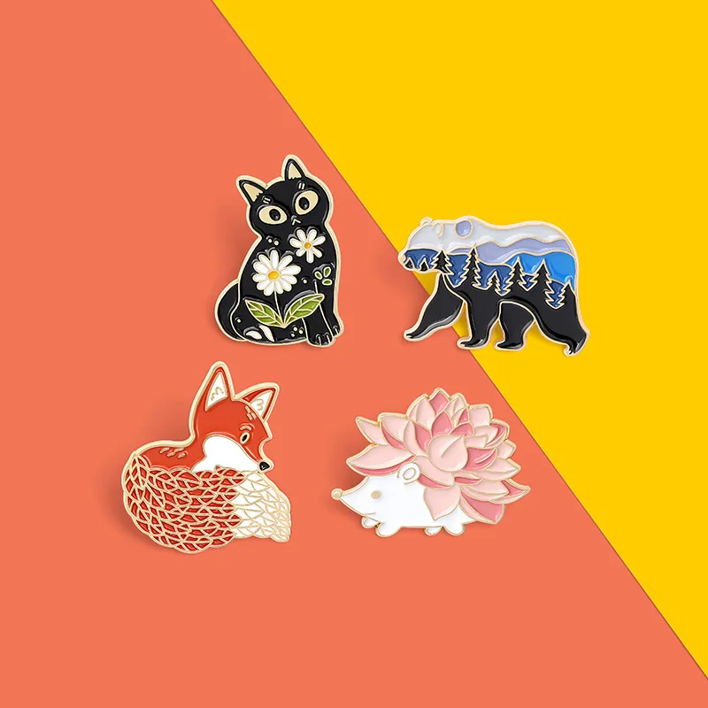 Cartoon Animal Series Brooch Enamel Cute Red Fox Black Cat Hedgehog Badge Metal Backpack Clothing Lapel Pins Gift Wholesale