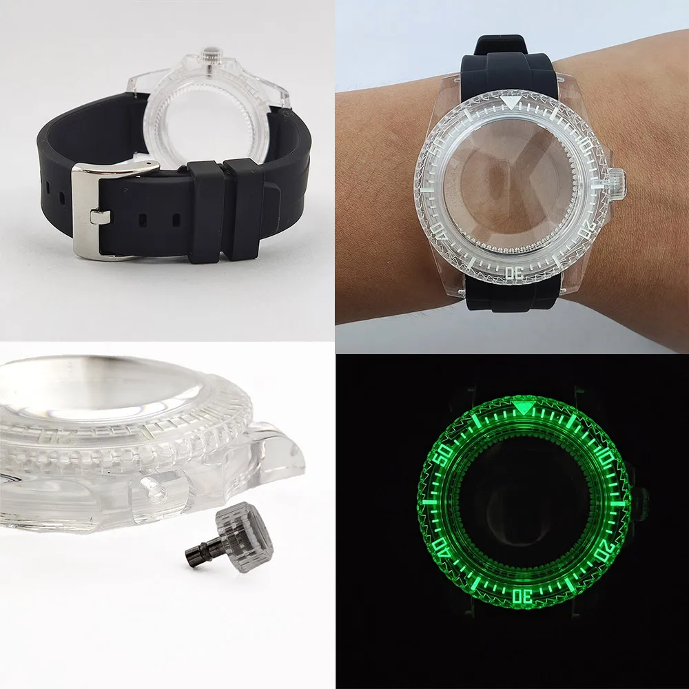 40mm nh35 relógio caixa de acrílico transparente movimento nh35a caber 28.5mm nh35 dial relógio caso cinta acessórios nh35 caso pulseira de borracha