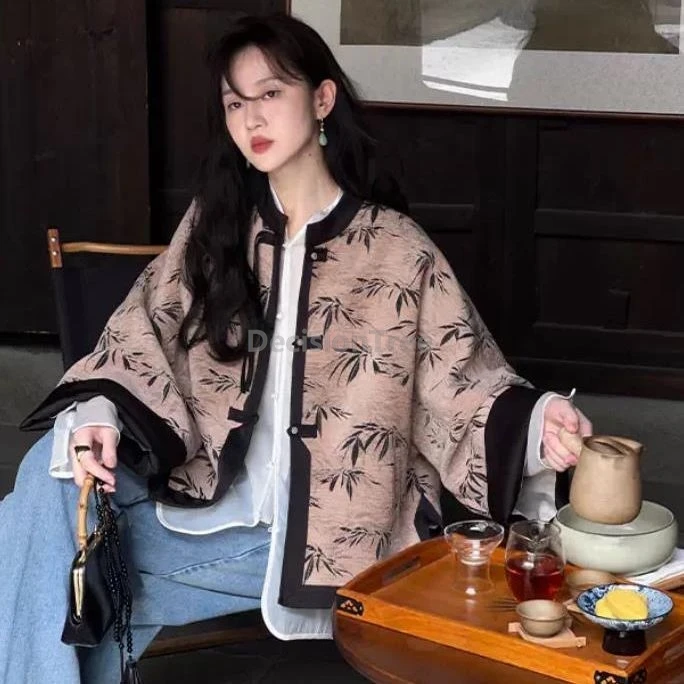 معطف بدلة تانغ صيني مطبوع عليه حبر عتيق لعام 2025 معطف خريفي فضفاض غير رسمي أنيق متعدد الاستخدامات ملابس زن فنية للأدب
