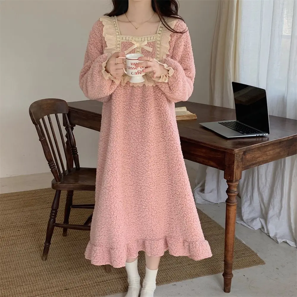 Fleece Women Nightgown Korean Lace Sleepwear Winter Night Dress Knee Length One Piece Pajamas Solid Square Collar Warm Home Wear