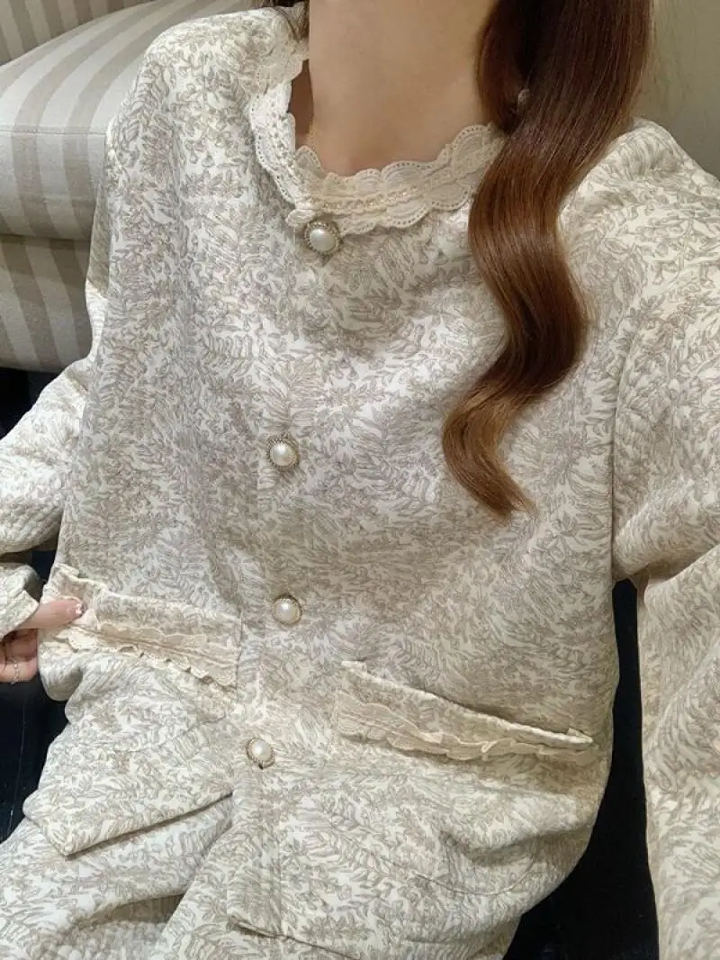 

retro Women's pajamas pastoral style Spring autumn winter thicken cotton Sleepwear long sleeves sweet Pajama lace homewear suit
