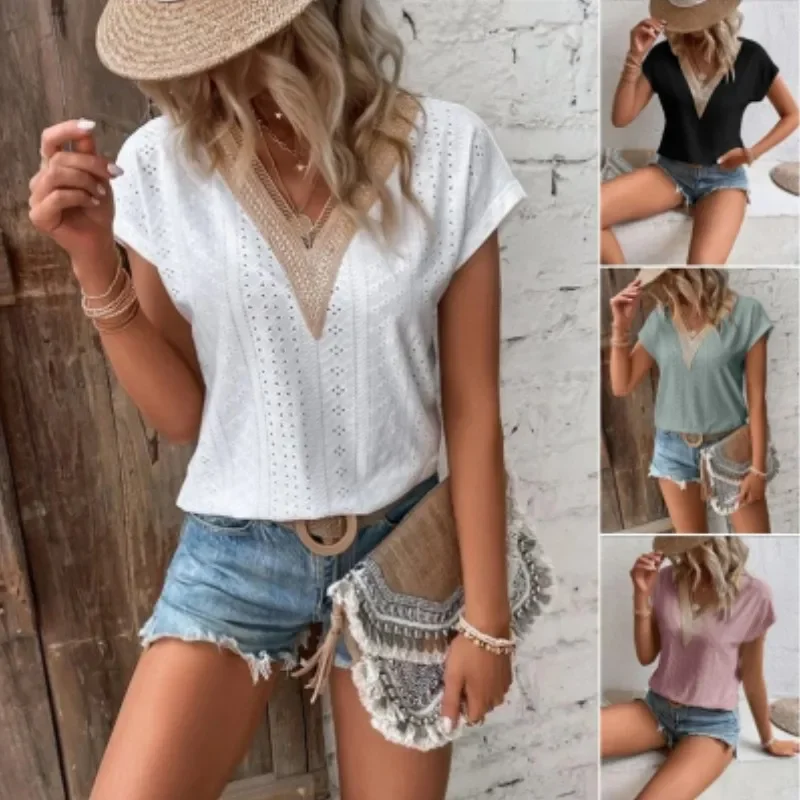

2024 Summer Women's Tees Casual Tops Cotton Material Female Solid Hollow V-neck Short Sleeve S-XXXL T-shirt for Female