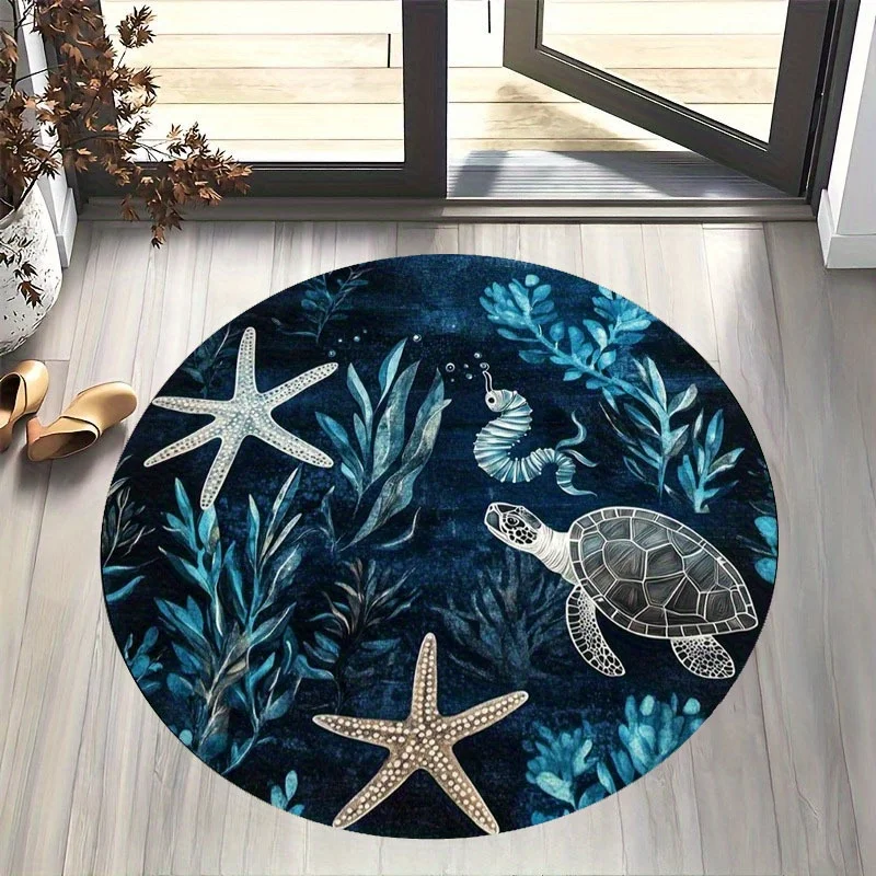 1pc Marine Animal & Plant Print Round Floor Mat - Dark Blue Flannel with Starfish & Turtle Design, Machine Washable, Durable