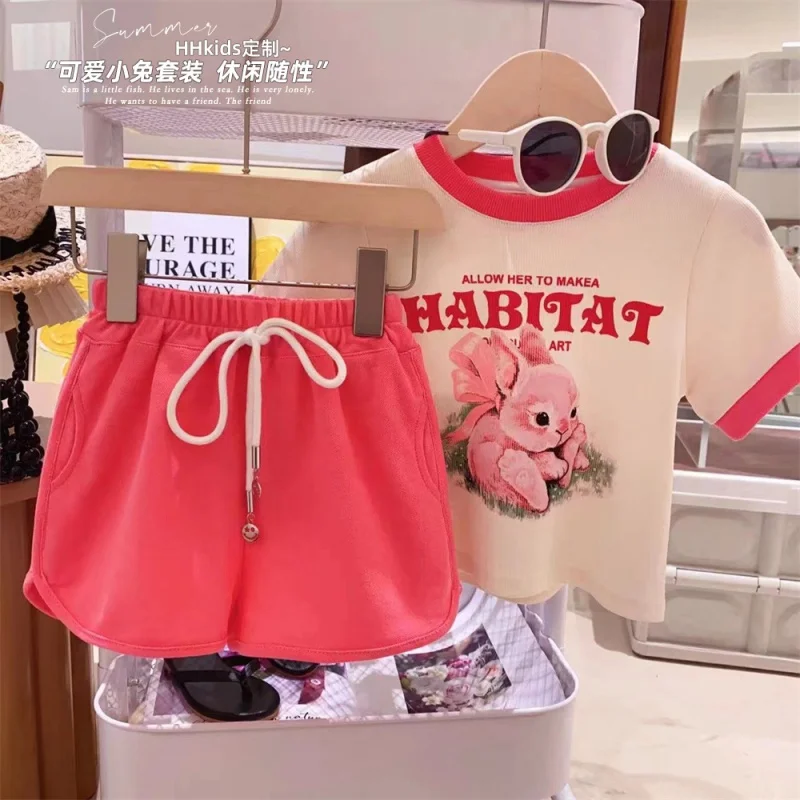 

New Girls' Contrast Color Binding Cartoon Rabbit Print Undershirt and Shorts Two-Piece Set2024Summer Clothing One Piece Dropship