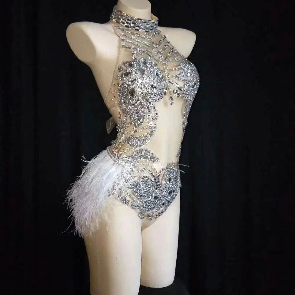 Sexy Silver Crystals Mesh Bodysuit Performance Costume Female Singer Backless Feather Stones Bodysuits Bar DJ Party Stage Wear