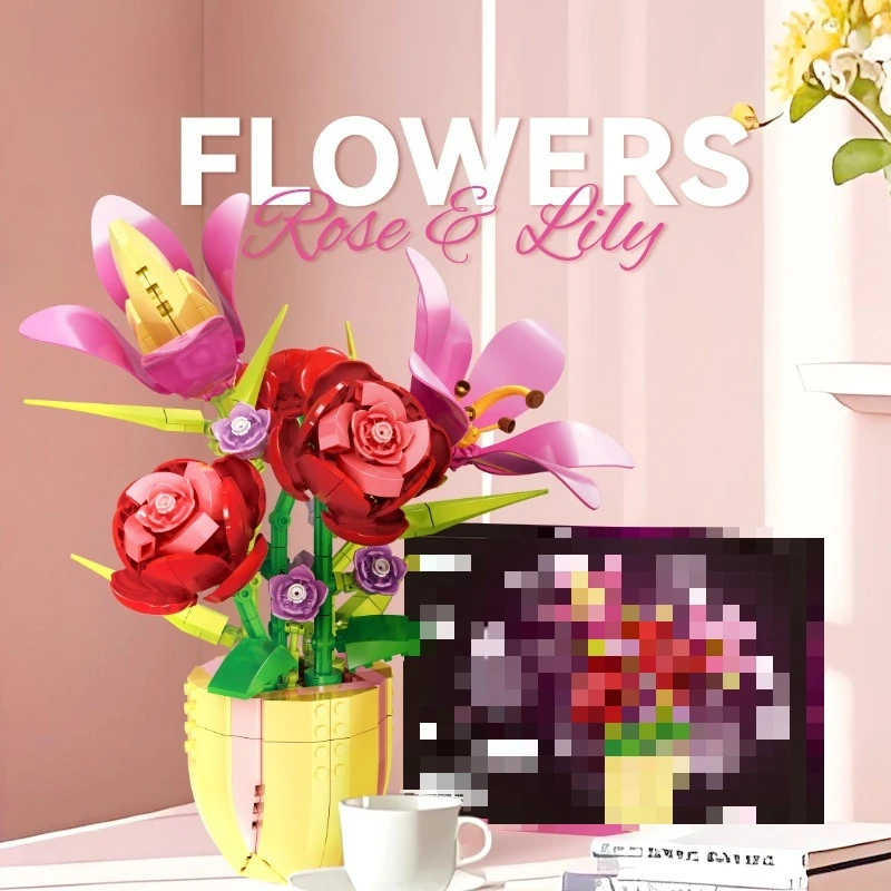 Building blocks, lilies, roses, small particle assembly, girls' plant potted plants, desktop ornaments, toys, gifts