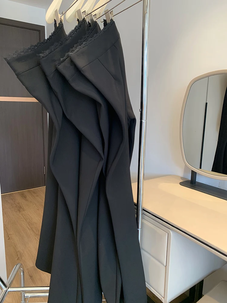 블랙 엘레강트 수트 팬츠 여성 심플 레이스 패치워크 오피스 레이디 플레어 트라우저 하이 웨이스트 슬림 핏 캐주얼 패션 여성 팬츠