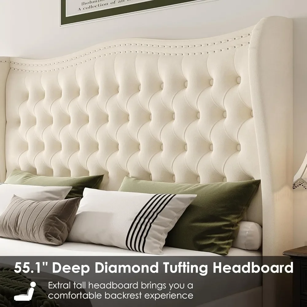 Bingkai tempat tidur Queen, tempat tidur berlapis kain Headboard 55 "dengan alas kaki tinggi, beludru buatan tangan lipatan tombol dalam tempat tidur berumbai