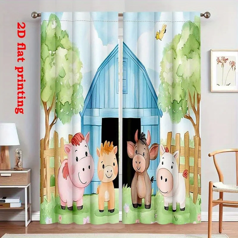 Farm Animals Curtain, Cute Cartoon Horse Cow Print Drape, Pastoral Kids Room Window Treatment for Nursery Bedroom Home Decor