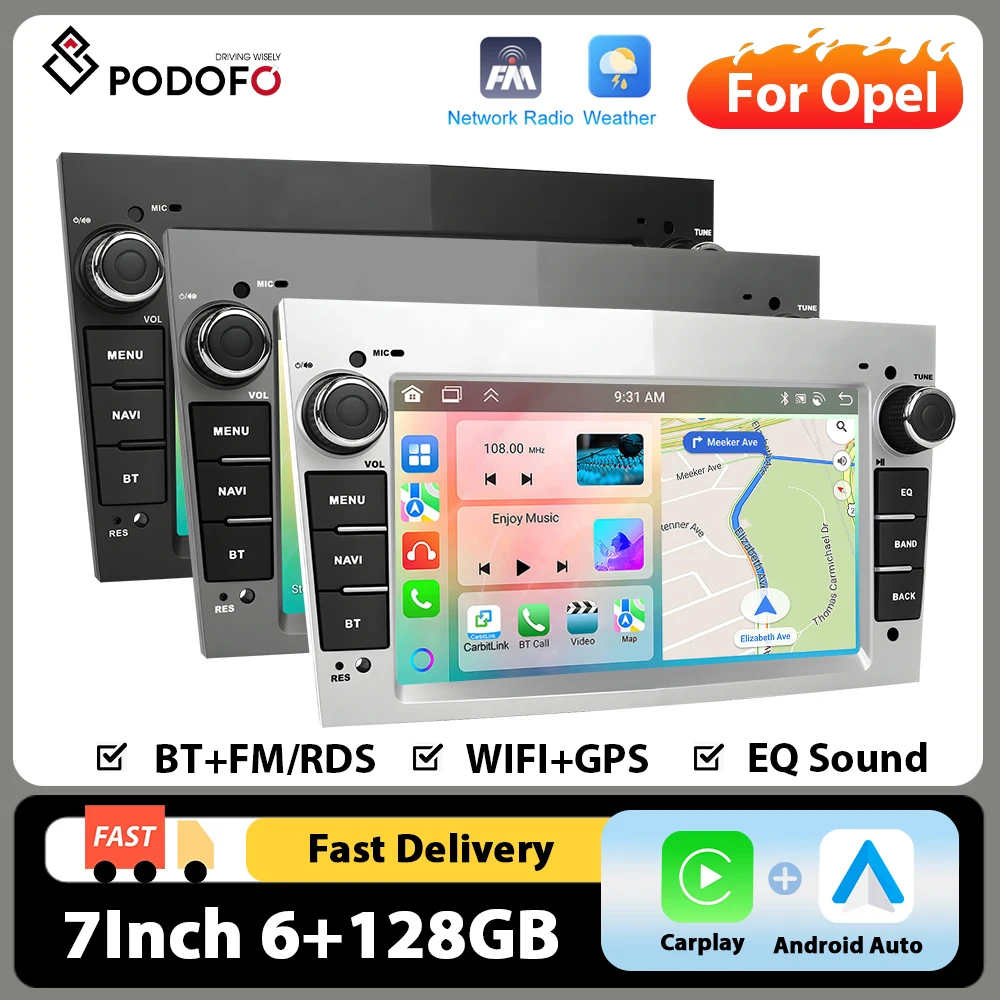 Podofo 7'' 2Din Carplay Auto-Multimediaplayer für Opel Astra Antara Vectra Corsa Autoradio Android Auto WIFI 4-Kern 6+128G GPS