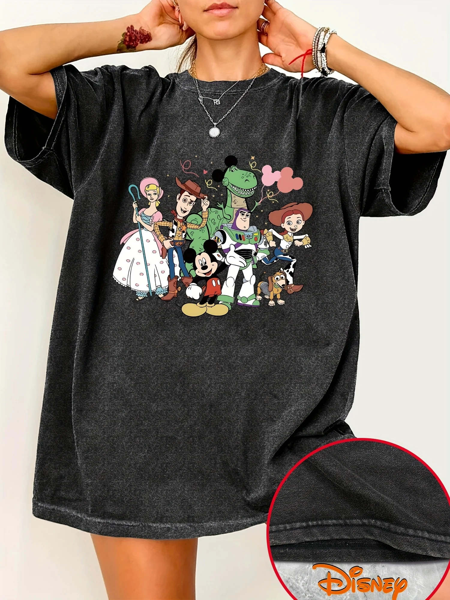 

Disney Ladies Casual Loose T-Shirt, Mickey and Friends Printed Round Wash Neck Short Sleeve Summer Fashion Casual
