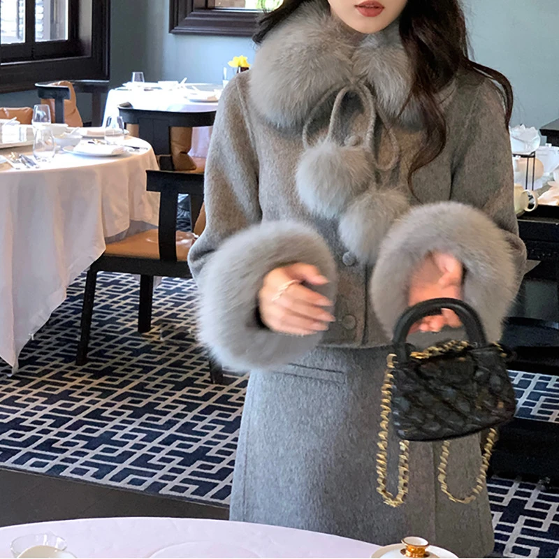 Women's 2024 Autumn Winter New Dress Sets Fur Collar Socialite Temperament 2pcs Double-side Woolen Tops Solid Color Skirt Sets