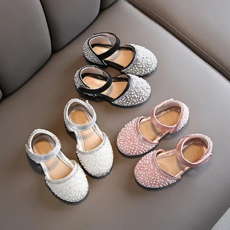 

Girl Summer Versatile Flat Single Shoes Woman Princess Rhinestone Sequins Leather Shoes Children Sequins Pearl Show Dance Shoes