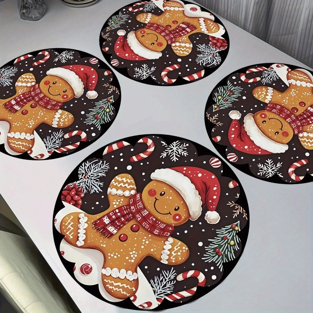 Durable Round Christmas Placemat Santa Claus snowflakes Anti-slip Table Mats Heat Resistant 38cm Christmas Decor Tablecloth