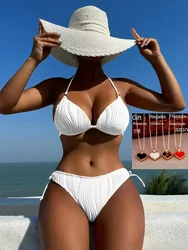 2024 seksi Bikini kadınlar katı dantel Up Backless yastıklı mikro mayo Push Up plaj mayo beyaz kravat yan tanga mayo