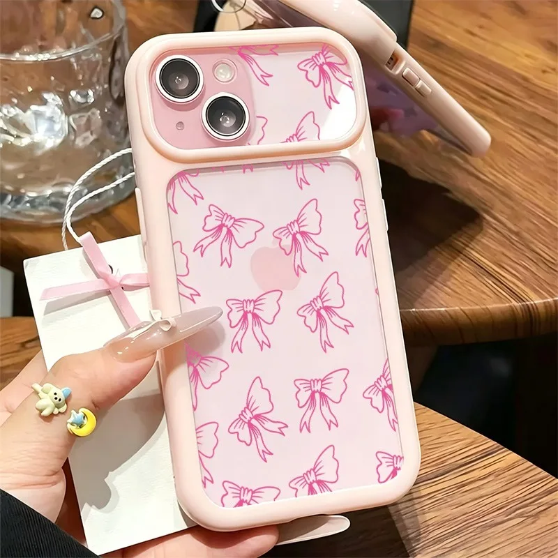 Coquette Pink Line Bow Print Phone Case For iPhone 11-17 Series, Large Clear Window Shockproof Soft TPU Cover