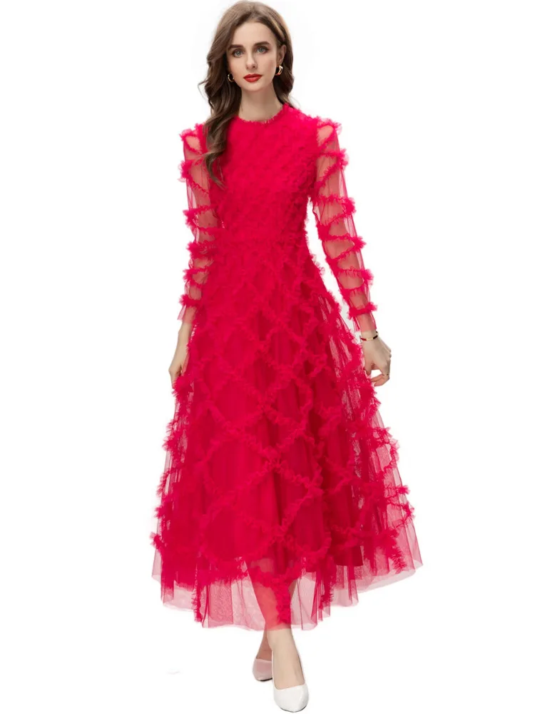 ชุดเดรสสตรี O คอแขนยาว Ruffles จ่าย Elegant แฟชั่น Designer Party Prom Gown