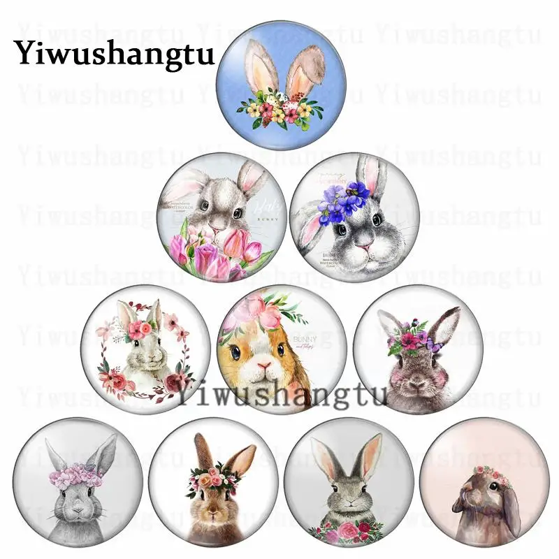 Beautiful rabbit head with flowers cute face 12mm/20mm/25mm/30mm Round photo glass cabochon demo flat back Making findings