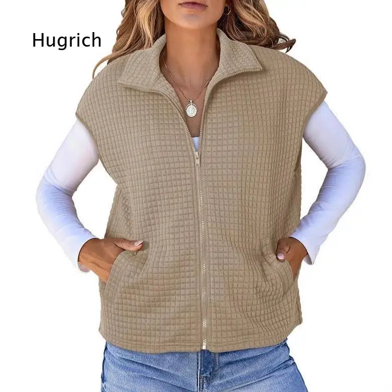 Women's Zip Up Sleeveless Vest Stand Collar Waffle Knit Gilet With Pockets Loose Casual Outerwear For Daily Fall Winter Layering