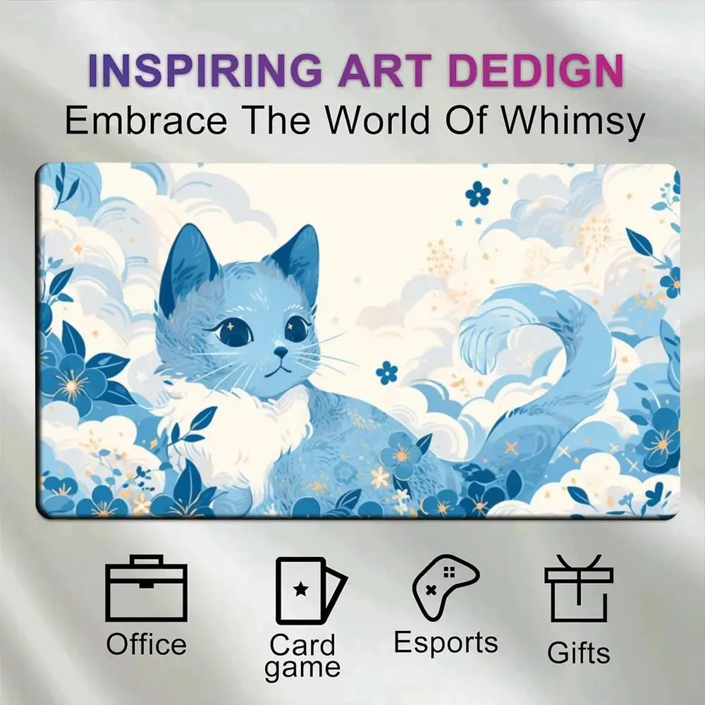 Whimsical Blue Kitty Floral Cloud Mouse Pad Non-Slip Base Soft Blue Tone Cute Animal Illustration alfombrillas gaming