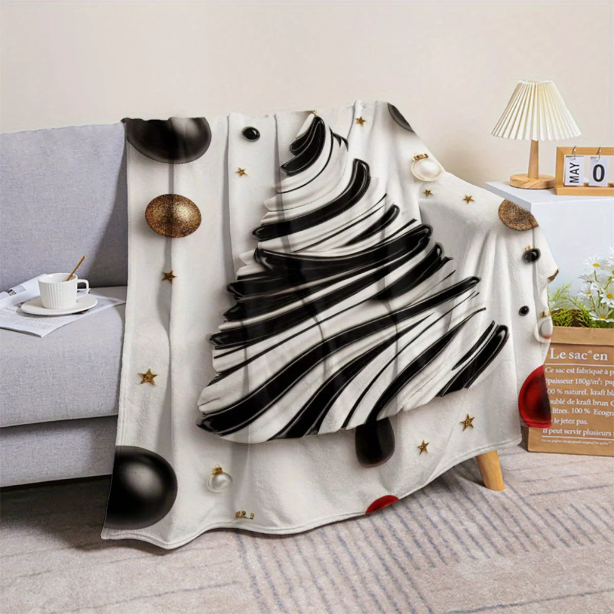 黒と白のクリスマスツリー柄のフランネルブランケット 1 枚。ソファ、ベッド、オフィス、旅行、キャンプ、クリスマスに適しています。