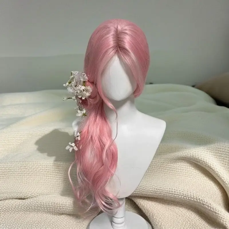 ‌ Perruque Lolita rose clair-cheveux bouclés volumineux avec partie centrale, bonnet complet synthétique d'aspect naturel, accessoires de Cosplay Kawaii
