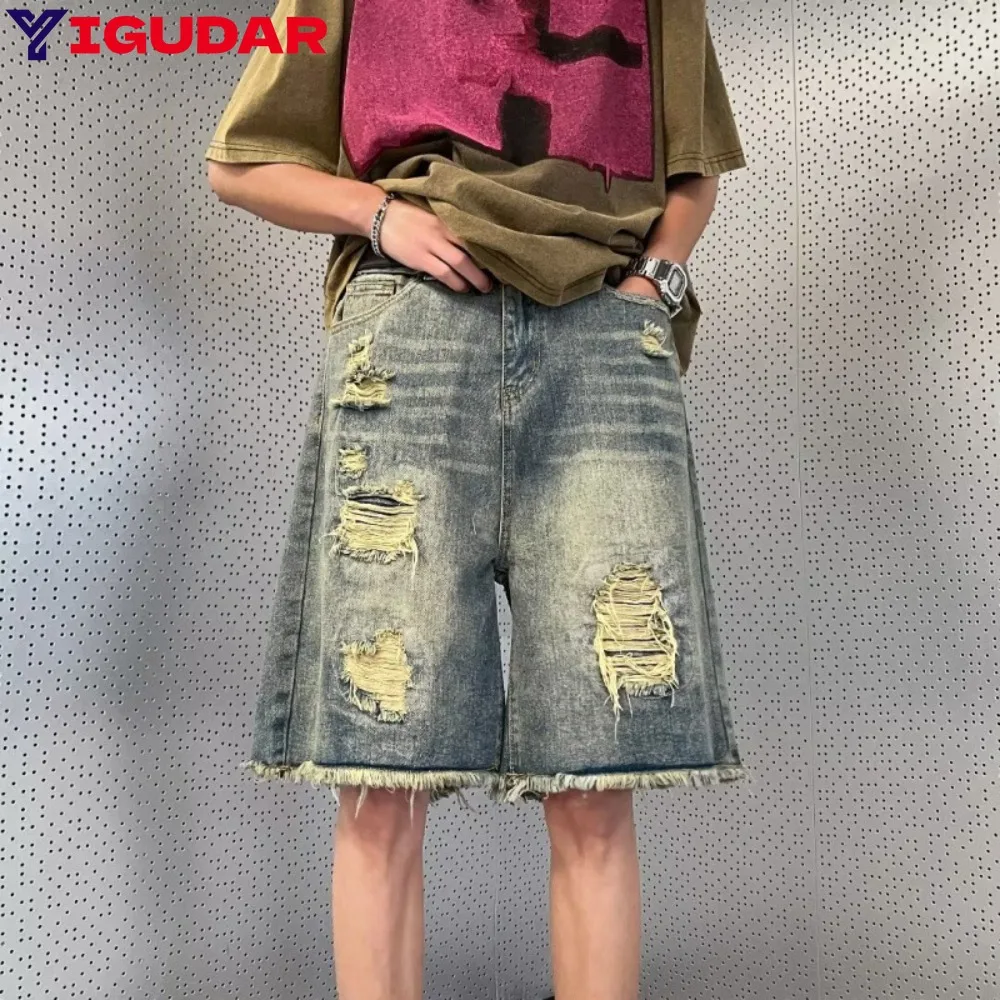 Summer New ins Hong Kong winds Men's Fashion wash Stretch Denim Chaopai Shorts Retro High Street Style Old Slim Fit Short Jeans