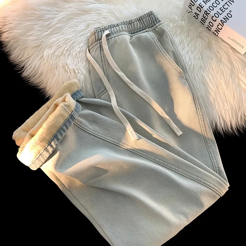 Thickened Fleece Women's Jeans High Waist Straight Leg Winter Warm Trousers Yellow Mud Drawstring Loose Fit Cotton Denim