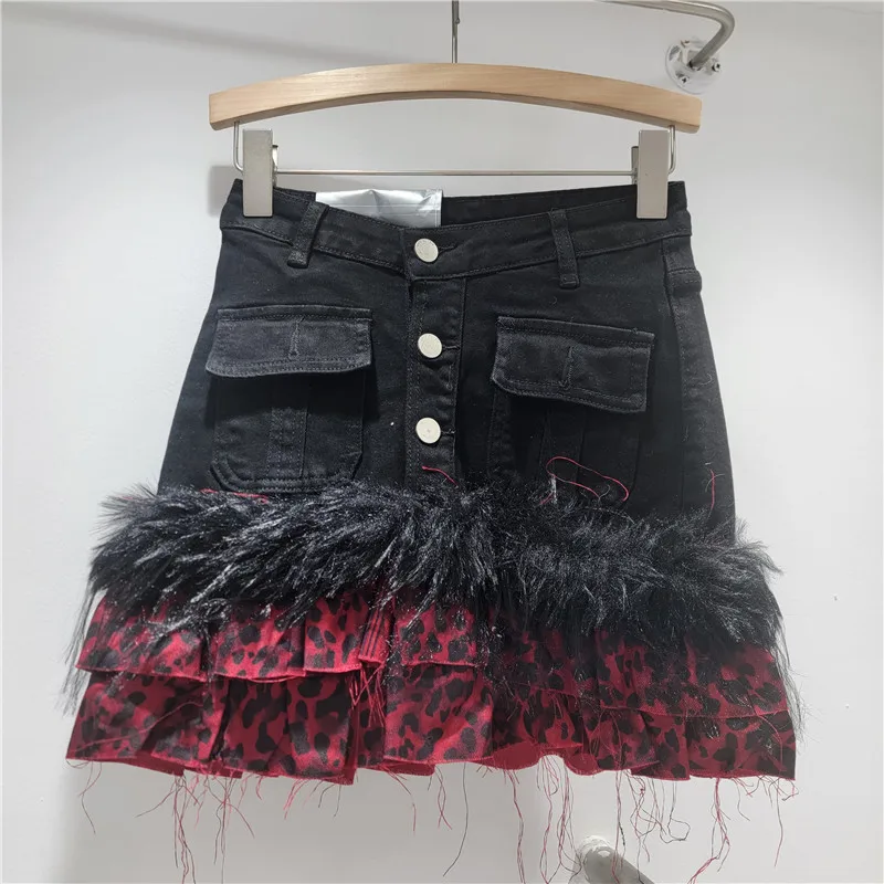 Y2K Hot Girl Cake Leopard Print Short Skirt, Women's American Retro Style Outfit, Patchwork Furry Denim Short Skirts