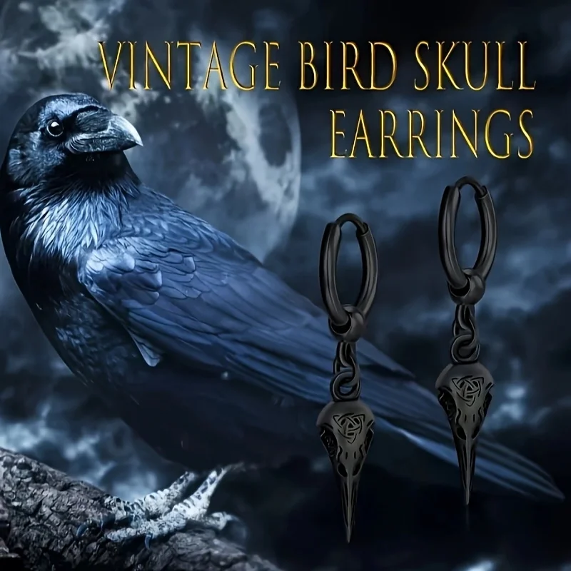 

A pair of retro and fashionable punk earrings for men with a crow's head design and punk party jewelry for both men and women