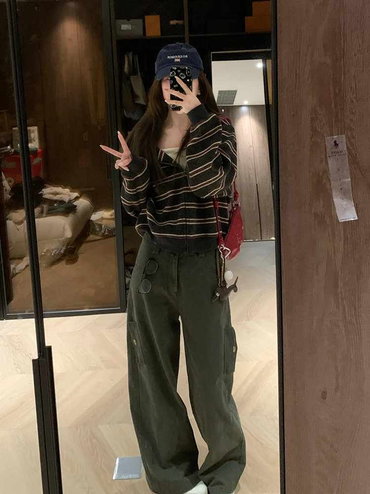 Felpa con cappuccio a righe americane retrò con cerniera maglione lavorato a maglia da donna cappotto design autunnale cardigan aperto unico top lungo Sve