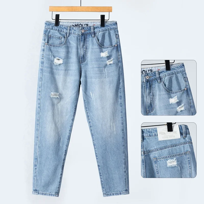 Sommer dünne zerrissene Jeans Herren gerade atmungsaktive gewaschene Denim-Hose lässige Streetwear Harlen knöchellange Hose Hellblau