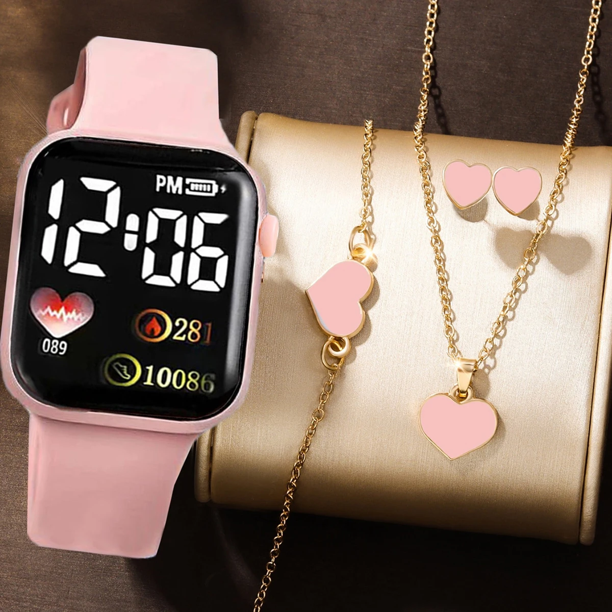 5Pcs/Set Women\'s Cartoon Heart-Shaped LED Square Digital Watch And Heart-Shaped Jewelry Set