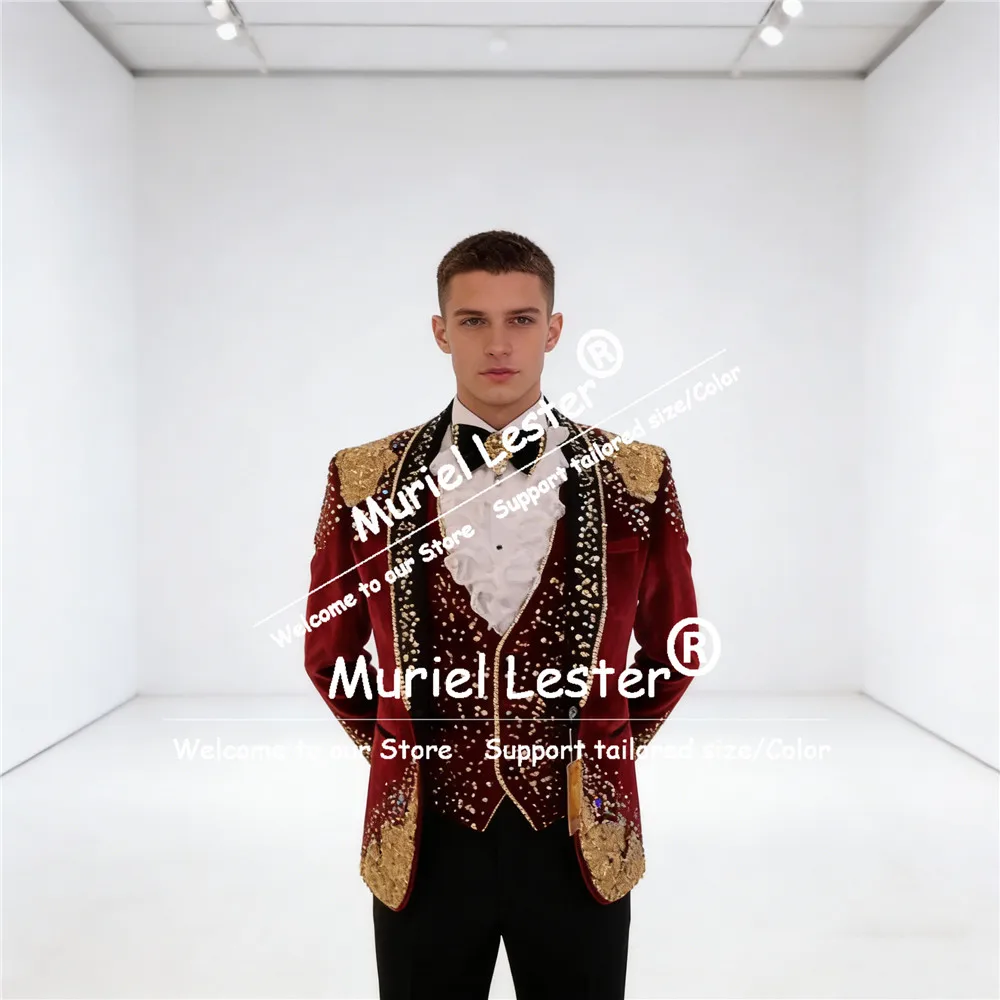 

Роскошные костюмы с кристаллами для мужчин на свадьбу, черные блейзеры с воротником-шалью из бархата, индивидуальный пошив, мужские смокинги для банкетов, наряды для жениха