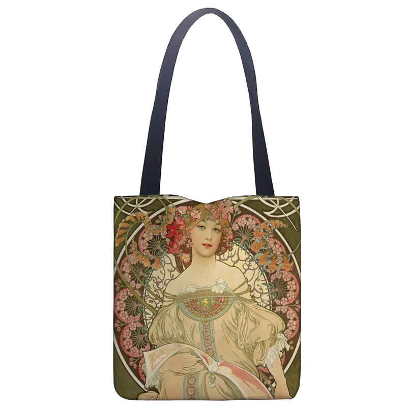 New Tote Bags Alphonse Mucha Art Printed Linen Fabric Eco Handbag High Capacity Shopping Office Reusable Casual Shoulder Bag